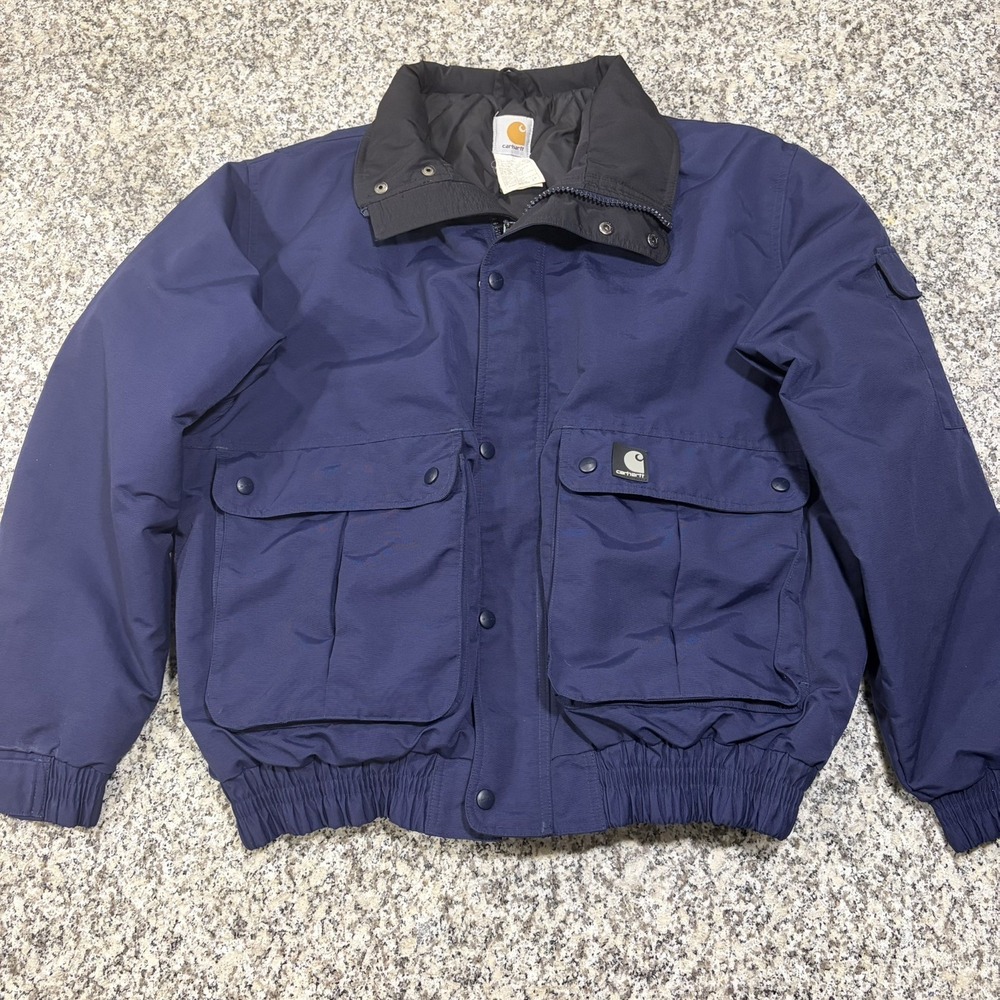 Carhartt J71NVY Hooded Jacket Mens L/G Navy Blue Insulated Utility Workwear